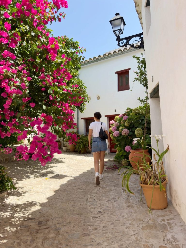 A person walks down a charming cobblestone alley lined with vibrant pink bougainvillea and potted plants. Whitewashed buildings with red-trimmed windows create a picturesque, sunlit scene.