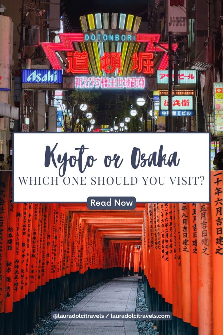 A vibrant street scene featuring neon signs and a crowd beneath the Dotonbori sign, with an overlay text reading "Osaka vs Kyoto: Which One Should You Visit?" and a "Read Now" button. Below is a tunnel of red Torii gates. Social media and website info are at the bottom.