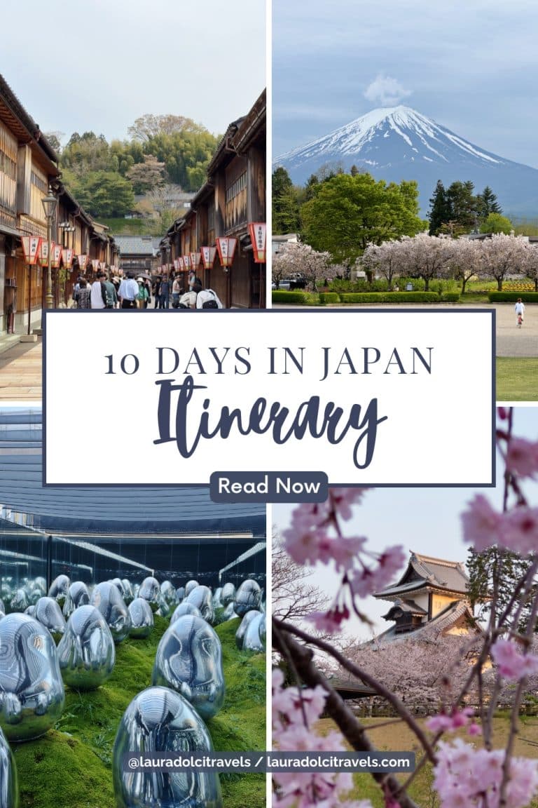 A collage promoting a 10-day itinerary in Japan. Features a street with traditional buildings, Mount Fuji with cherry blossoms, a modern art installation with reflective sculptures, and a temple with sakura in the foreground.