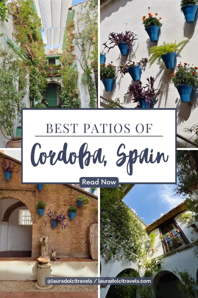 A collage of beautiful patios in Cordoba, Spain, featuring vibrant green plants and colorful potted flowers against white and brick walls. The text reads "Best Patios of Cordoba, Spain" and "Read Now.