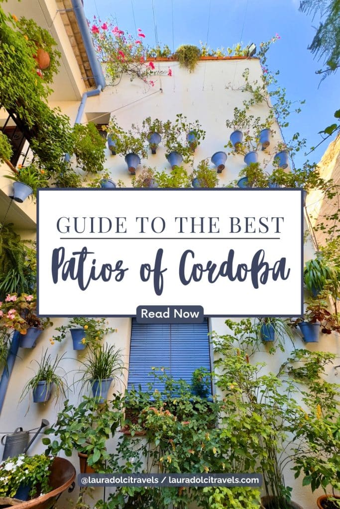 A charming courtyard in Cordoba with white walls adorned with numerous potted plants. A sign reads, “Guide to the Best Patios of Cordoba - Read Now.” Lush greenery creates a vibrant, inviting atmosphere.