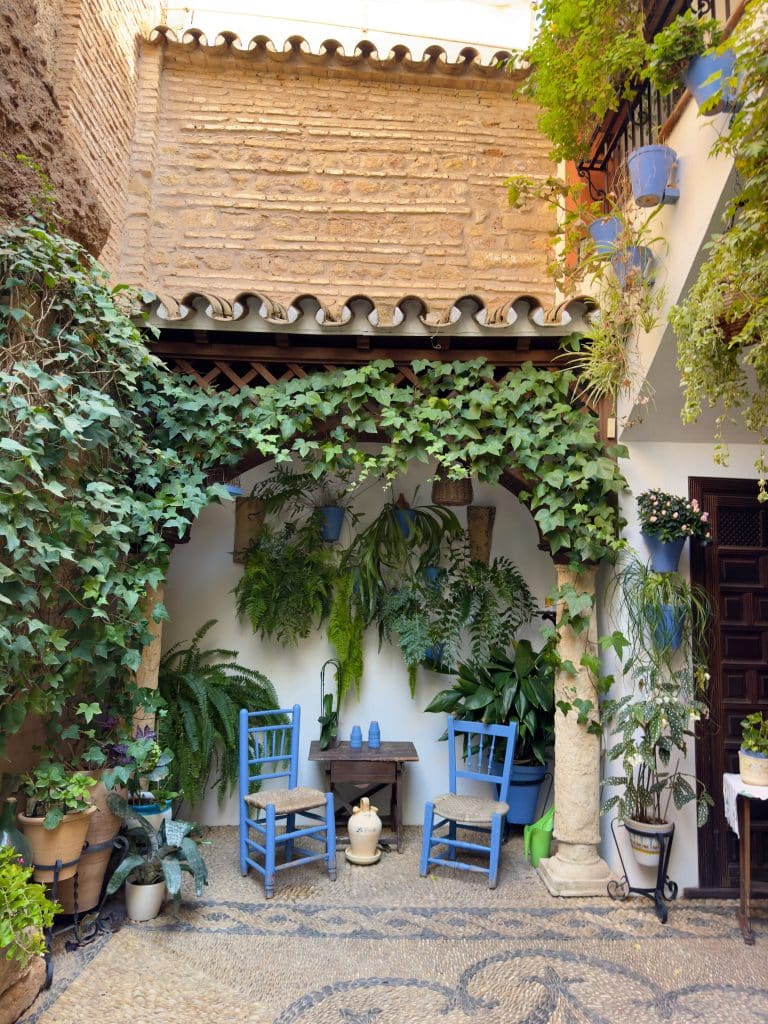 A charming patio with a small table and two blue wooden chairs surrounded by lush green plants and ivy. The walls are decorated with blue flower pots, and the floor features a patterned stone mosaic. Rustic brick and white stucco walls complete the cozy setting.