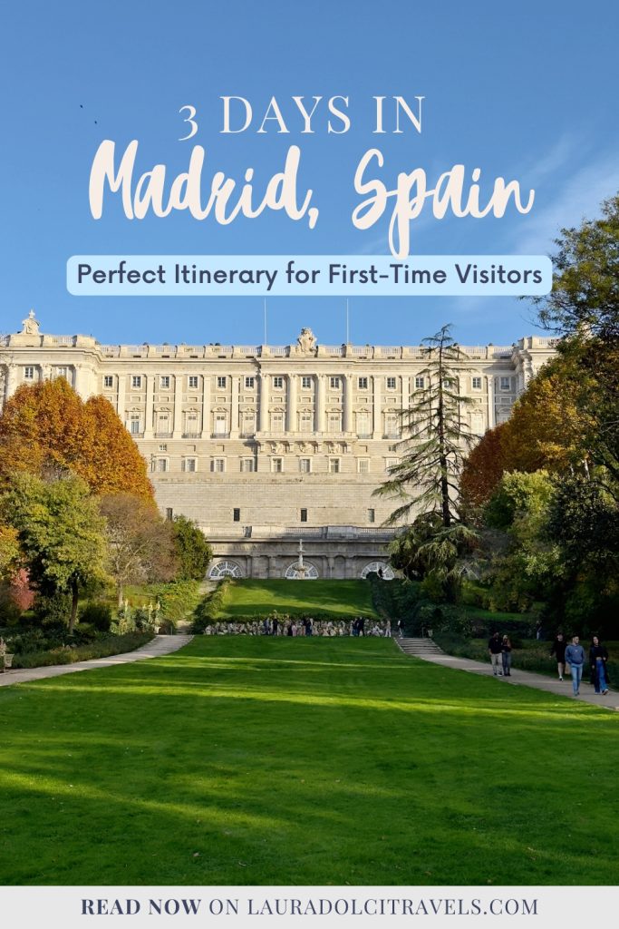 Promotional image for a travel blog post titled "3 Days in Madrid, Spain: Perfect Itinerary for First-Time Visitors." The image features a scenic view of a historic building surrounded by gardens and autumn trees.