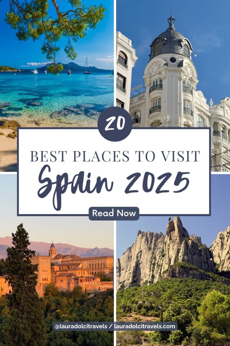 A travel poster featuring four images: a turquoise beach, a historic white building with a dome, the Alhambra surrounded by trees, and Montserrat mountains. Text overlay reads "20 Best Places to Visit Spain 2025. Read Now.”.