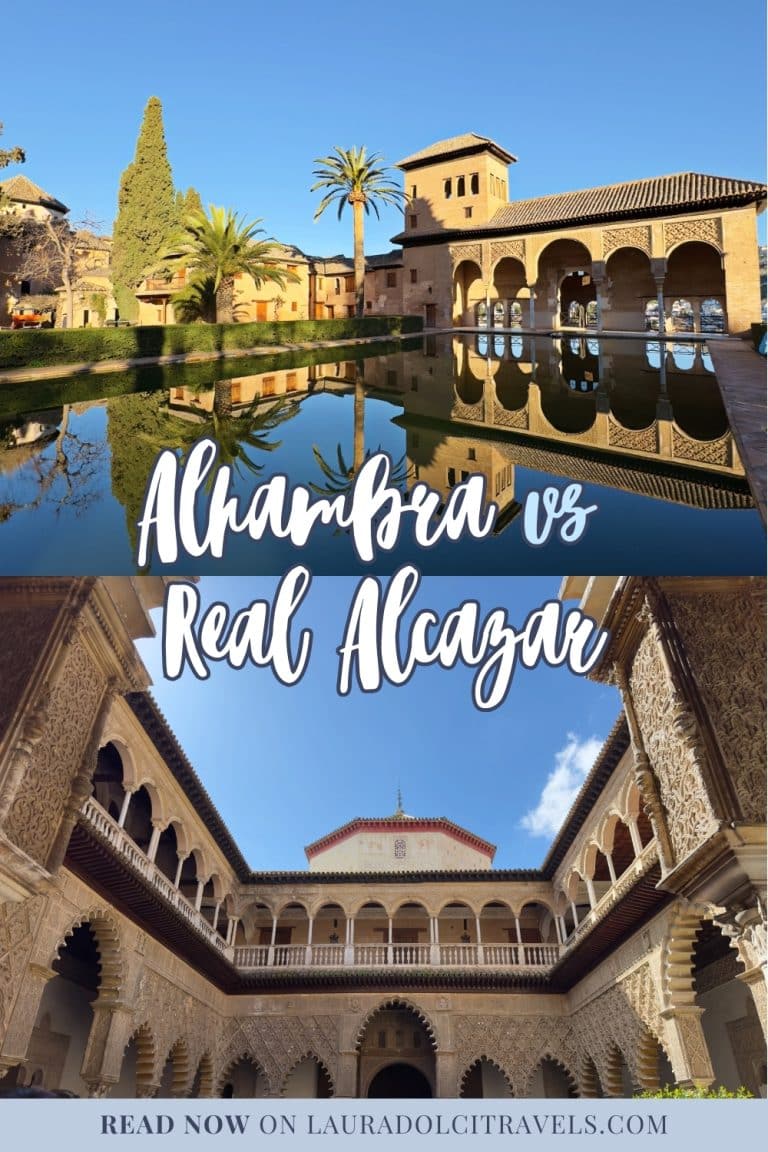 Split image showcasing Alhambra vs Real Alcázar, with a reflective pool and arches above, intricate courtyard below. Text reads "Alhambra vs Real Alcázar." Bottom banner: "Discover more at lauradolcitravels.com.