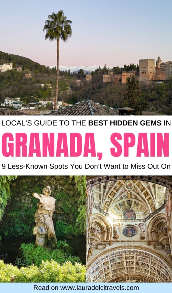 A travel guide poster for Granada, Spain, featuring the Alhambra on a hill at sunset, a statue in a garden, and an ornate church ceiling. Text highlights hidden gems and a website for more information.