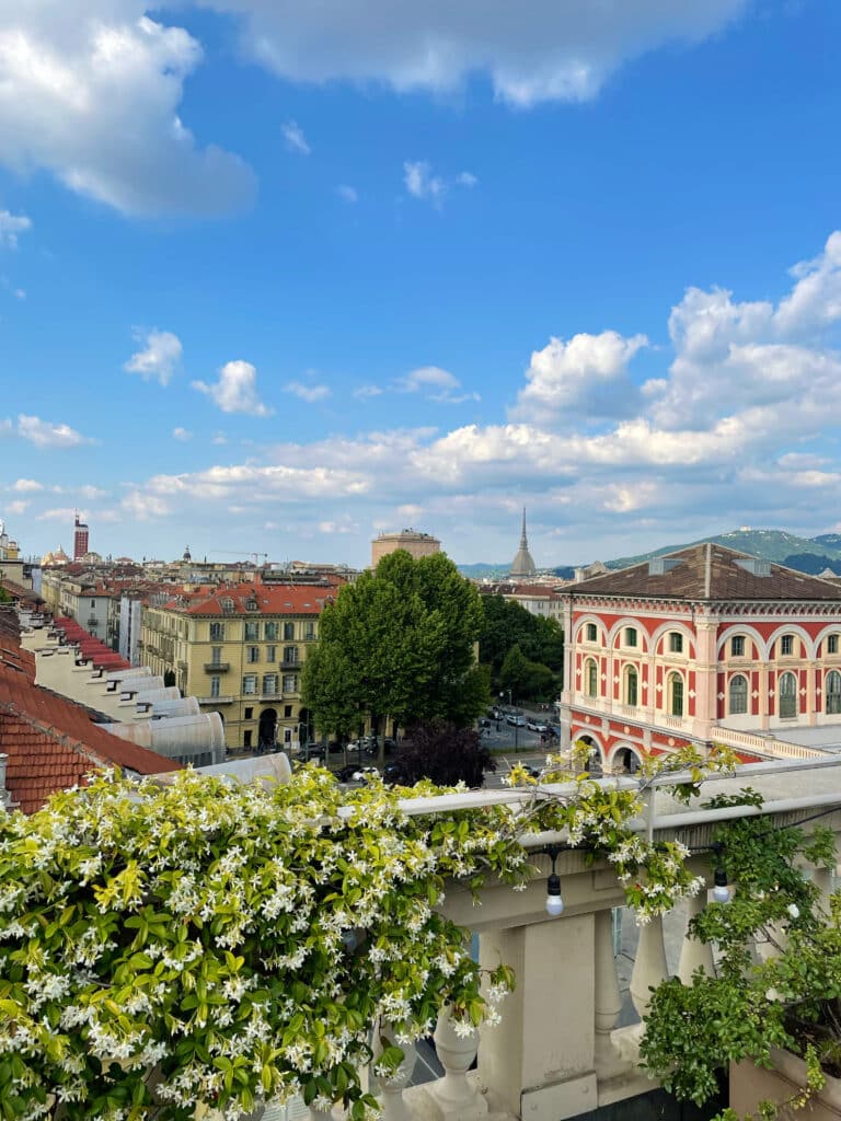 A scenic cityscape with historic buildings, lush green trees, and distant hills under a partly cloudy blue sky. Flowering plants decorate a stone balcony in the foreground.