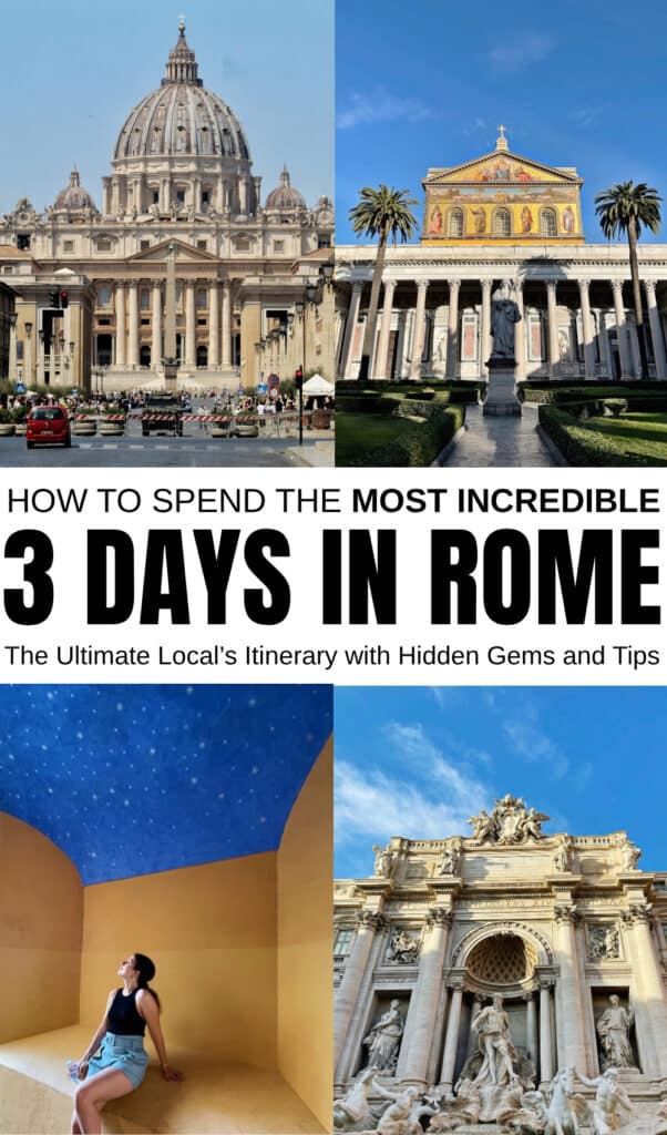 A collage featuring St. Peter’s Basilica, the Basilica of St. Paul Outside the Walls, a woman in a yellow room with a blue ceiling, and the Trevi Fountain, perfect for showcasing your 3 days in Rome itinerary.