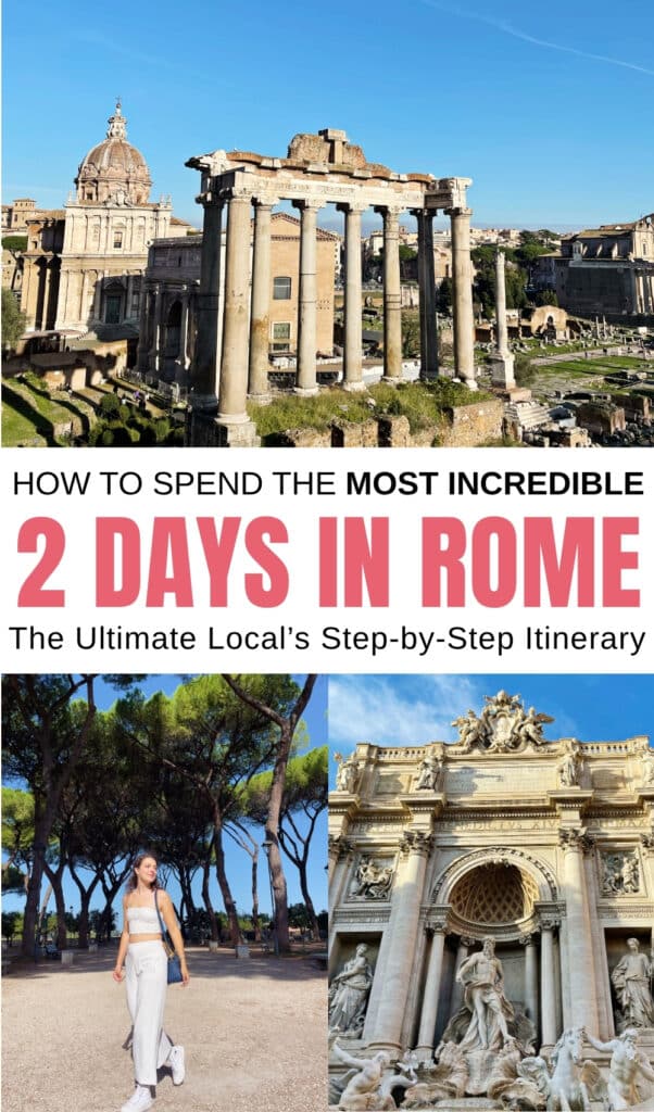 A travel guide poster for Rome featuring the Roman Forum ruins, a woman posing in a park, and the Trevi Fountain. Text reads: "How to Spend the Most Incredible 2 Days in Rome: The Ultimate Local’s Step-by-Step Itinerary.