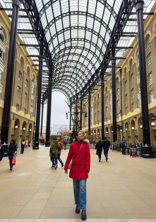 A person in a red coat walks under a large glass and steel arched roof between tall brick buildings, with other people walking and shops visible in the background.