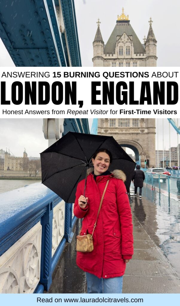 A smiling woman in a red coat holds a black umbrella on Tower Bridge in London. The Tower Bridge towers are visible behind her. Text promotes a travel blog about London for first-time visitors.
