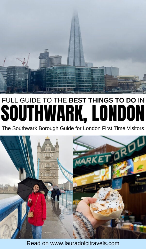A collage promoting things to do in Southwark, London, featuring the Shard, Tower Bridge with a woman holding an umbrella, and a hand holding street food. Text invites visitors to read a Southwark travel guide.