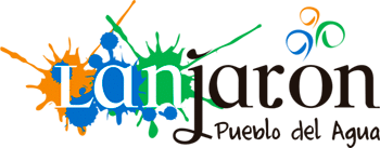 Logo with the word "Lanjaron" in black, featuring colorful paint splashes behind the "Lan" part. Below it reads "Pueblo del Agua" in script. Blue, orange, and green swirls appear in the top right corner.