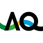 Black stylized letters "A" and "Q" overlap a wavy green, yellow, and blue line on a white background.