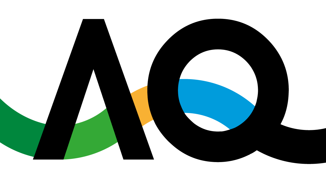 Black stylized letters "A" and "Q" overlap a wavy green, yellow, and blue line on a white background.
