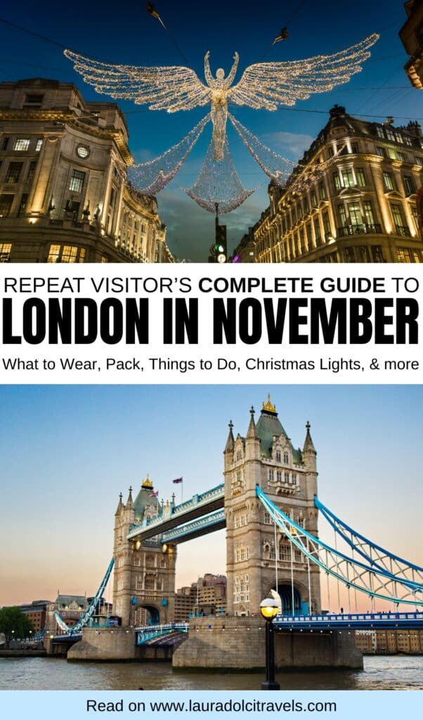 Collage featuring angel Christmas lights over a London street at dusk above, and Tower Bridge at sunset below. Text promotes a guide to London in November with tips on clothing, packing, activities, and Christmas lights.