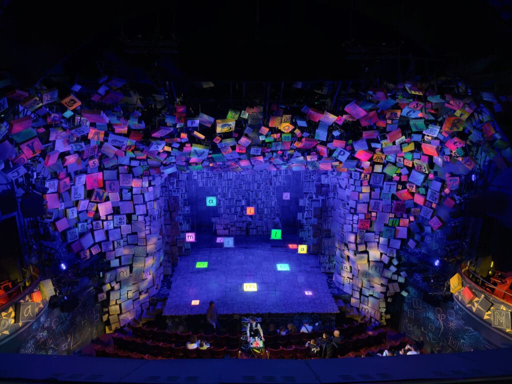 A colorful theatre stage set with hundreds of illuminated, floating letter blocks and papers suspended above and around a square stage, viewed from the audience under blue and purple lighting. Attending a West End show is one of the best things to do in Westminster London at night