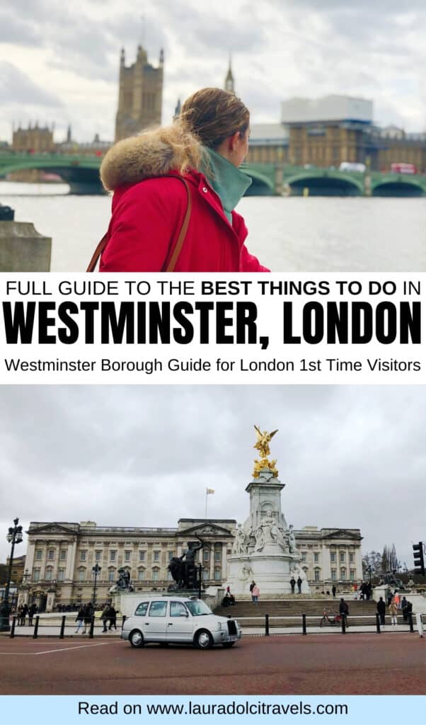 A woman in a red coat looks out at the River Thames with the Palace of Westminster in view; below, a classic car is parked in front of Buckingham Palace and the Victoria Memorial in London. Text promotes a Westminster travel guide.