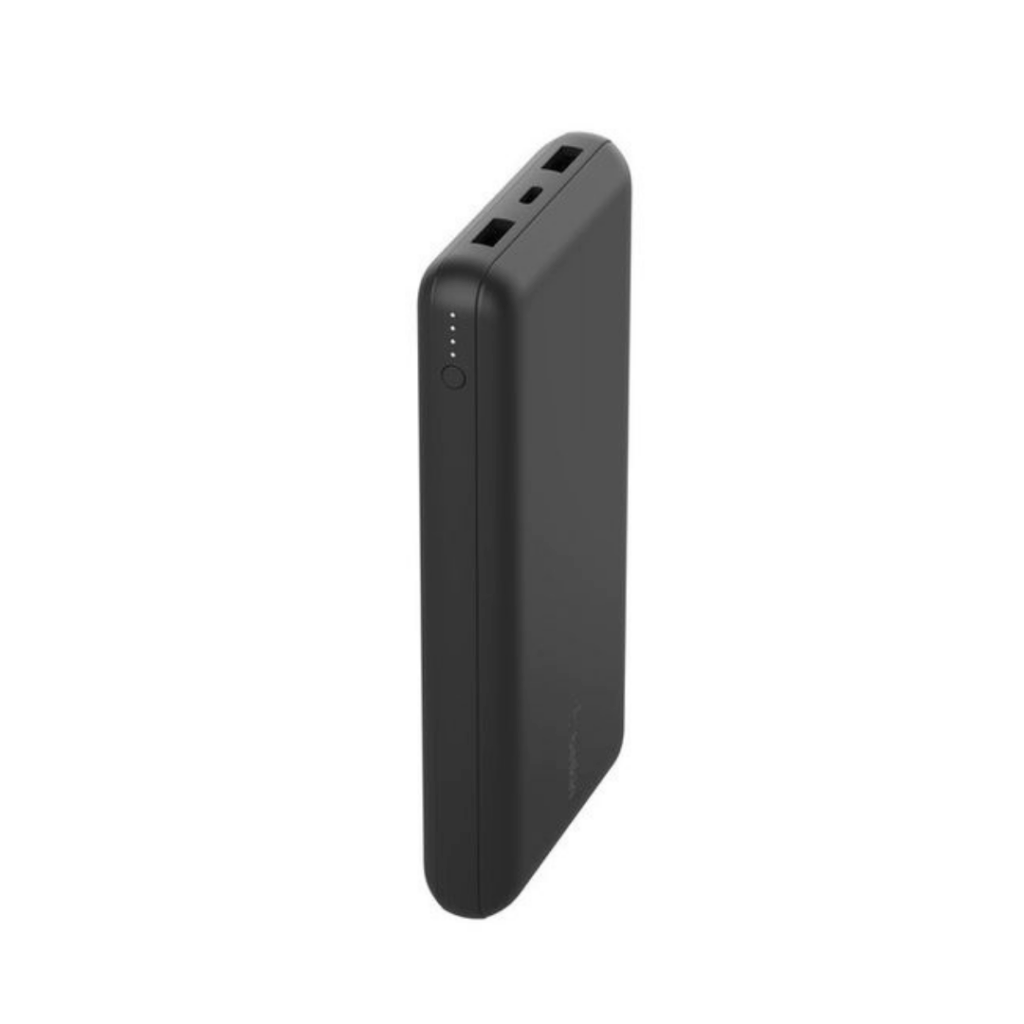 A black portable power bank with two USB ports, a circular power button, and four LED indicator lights, shown standing upright against a white background.
