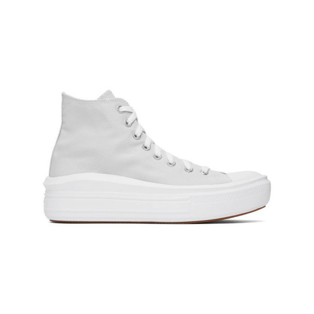 A white high-top sneaker with thick platform sole, white laces, and a slightly textured rubber toe cap, shown in profile against a plain background.