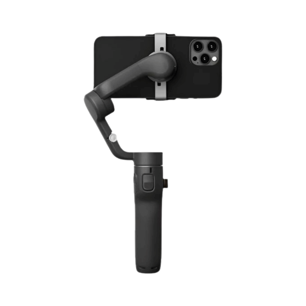A black smartphone mounted on a handheld black gimbal stabilizer, viewed from the rear against a white background.