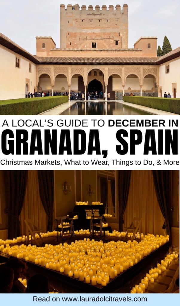 A travel guide cover for Granada, Spain, showing the Alhambra’s reflecting pool above a room filled with lit candles. Text highlights local tips for December, markets, attire, and activities.