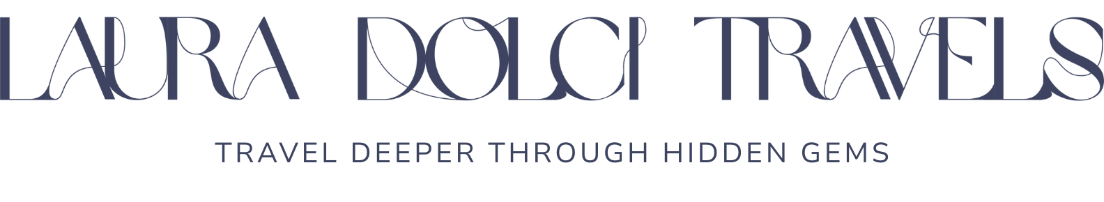 Stylized text logo reading "LAURA DOLCI TRAVELS" with the tagline "TRAVEL DEEPER THROUGH HIDDEN GEMS" in uppercase, elegant, dark blue font on a light background.