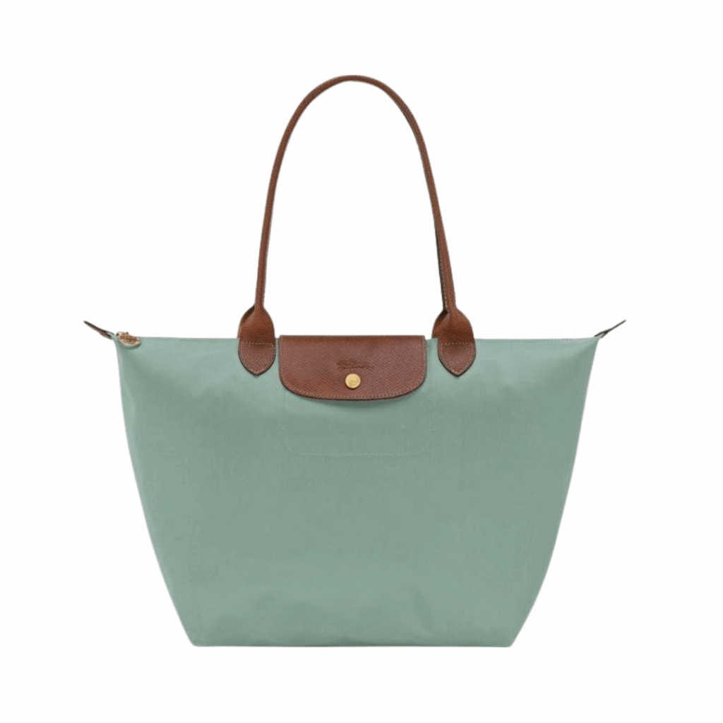 A light green tote bag with brown leather handles and a brown leather flap featuring a gold snap button, photographed on a white background.