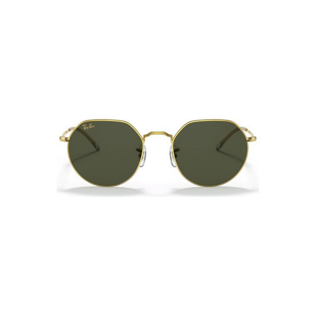 Front view of gold-framed Ray-Ban sunglasses with round, dark green lenses and clear nose pads against a white background.