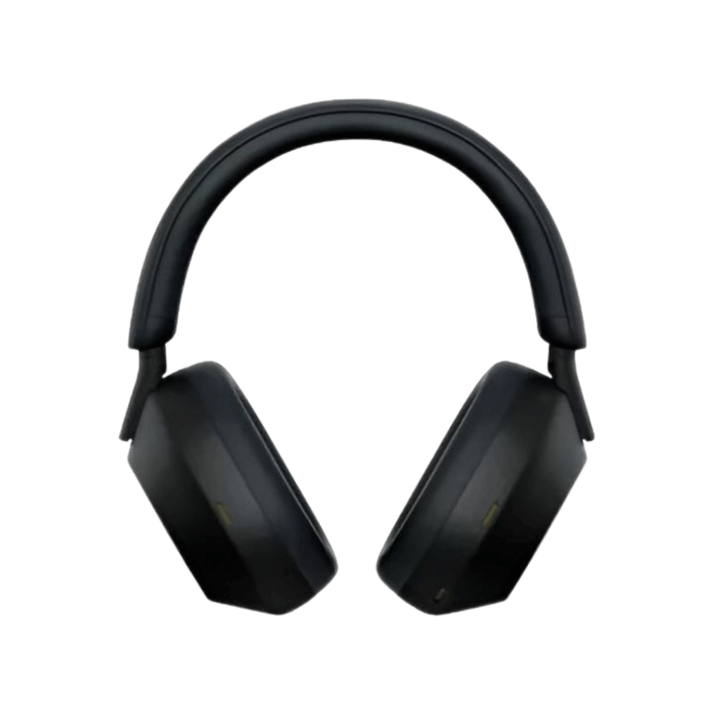 Black over-ear headphones with a cushioned headband and large, rectangular ear cups, shown against a white background.