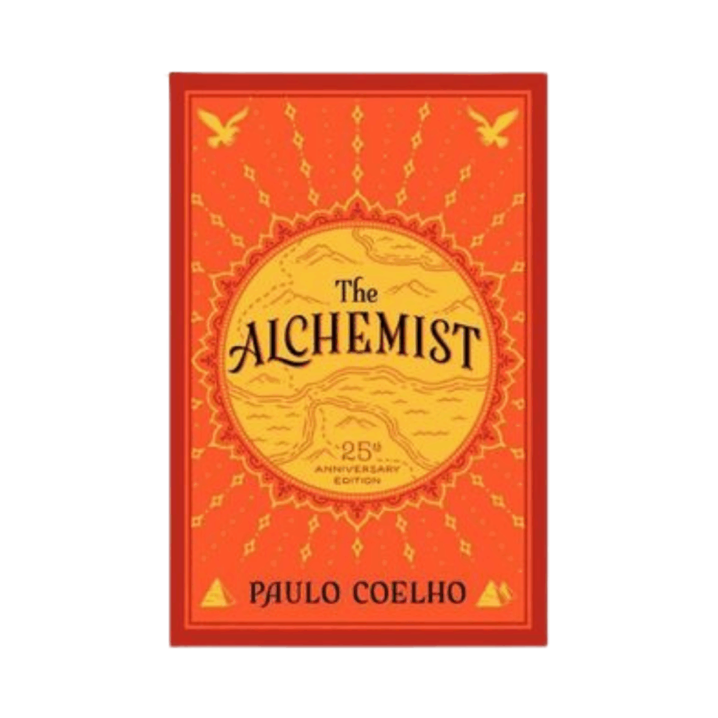 The cover of "The Alchemist" by Paulo Coelho, 25th Anniversary Edition, featuring an orange and yellow sunburst design with birds, mountains, and prominent title text in the center.