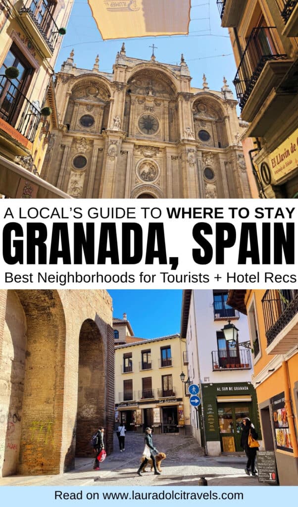 Collage featuring Granada Cathedral's ornate facade, a stone archway leading to a lively square with shops and balconies, and a street sign for the historic Albaicín district in Granada, Spain. Text promotes a local's guide.