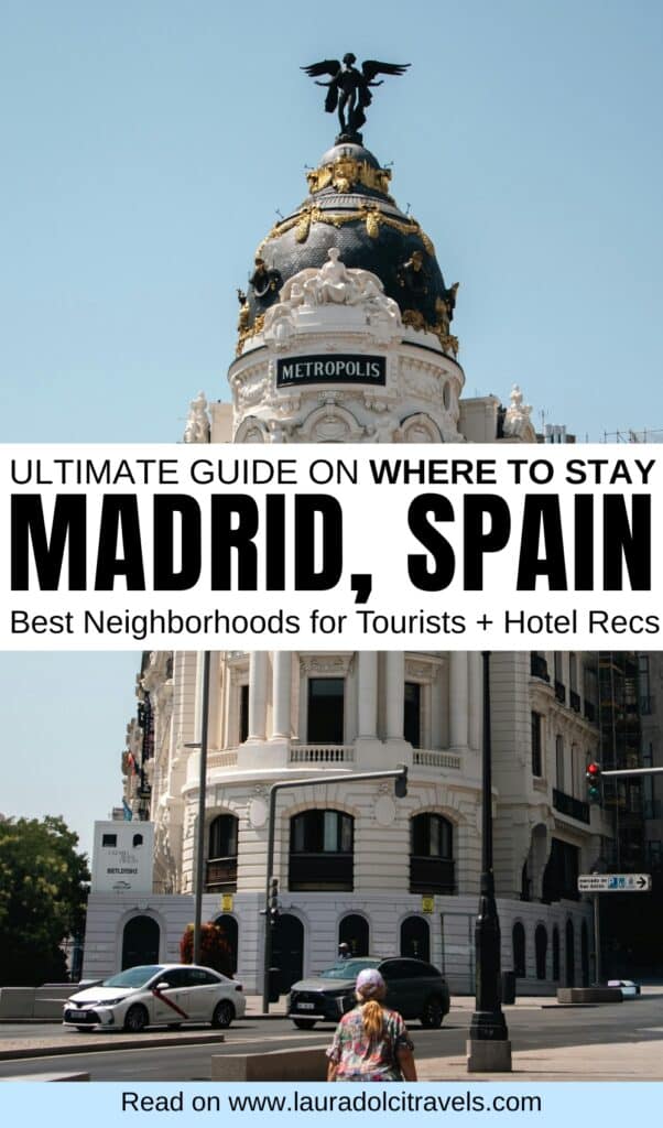 A woman stands at a crosswalk facing the iconic Metropolis building with its ornate dome in Madrid, Spain. Text overlay advertises a guide on where to stay in Madrid, highlighting neighborhoods and hotel recommendations.