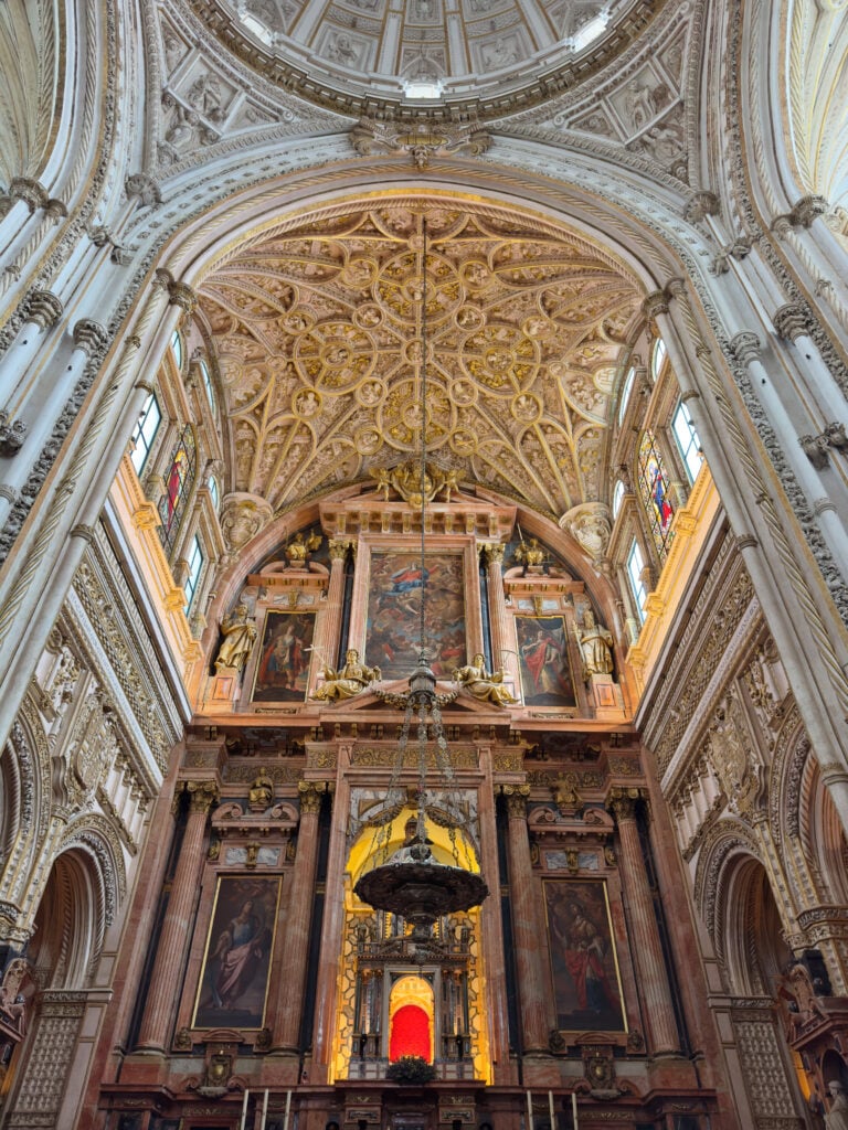 Ornate interior of a cathedral featuring a richly decorated vaulted ceiling, arched walls, large religious paintings, and a central altar with intricate gold detailing and stained glass windows above.