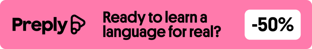 Preply promotional banner that reads: “Ready to learn a language for real? -50%.” 
