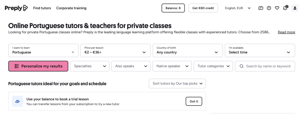 Preply search interface for Portuguese tutors with filter menus for price, country, availability, and specialty.