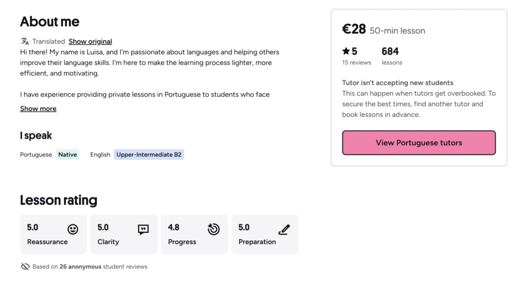 Tutor profile page for Luisa, showing her biography, language skills, a 5-star rating based on 15 reviews, and a button to view other Portuguese tutors.