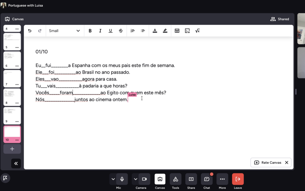 Digital Portuguese language worksheet with fill-in-the-blank sentences, displayed in a video conferencing interface.